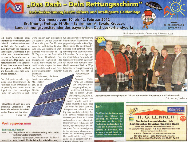 Dachdecker-Innung Bayreuth-Kulmbach - Pressespiegel zur Dachmesse 2012